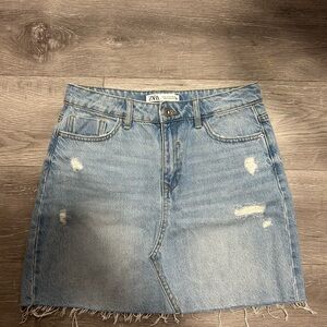 Zara Light Blue Distressed Denim Mini Skirt